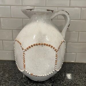 Pottery Barn Beaded White Ceramic Decorative Pitcher Vase 9 Tall Rustic
